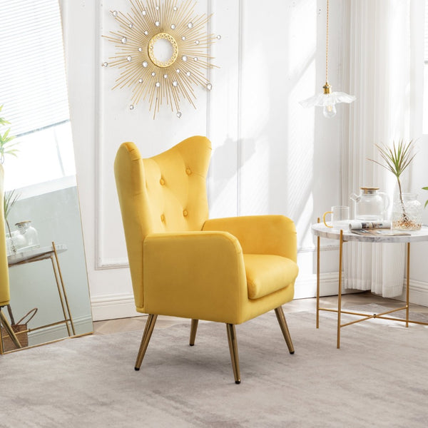English Elm Sovarol Tufted Velvet Wingback Accent Chair with Gold Legs for Glam Interiors Yellow T2574P164253