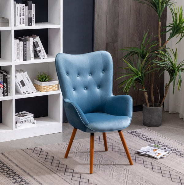 English Elm Doarnin Velvet Barrel Accent Chair with Button Tufted Back and Solid Wood Legs Blue T2574P164266