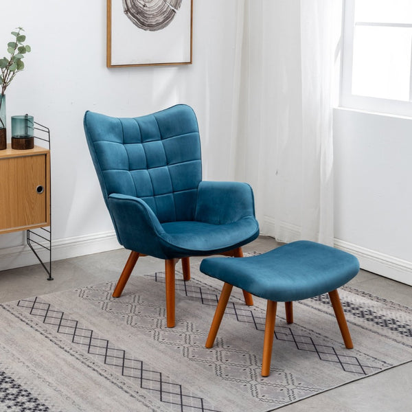 English Elm Leiria Wingback Velvet Tufted Accent Chair with Matching Ottoman Mid-century Lounge Blue T2574P164272