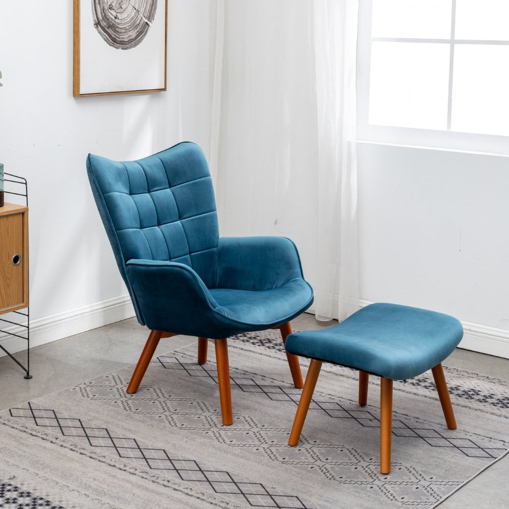 English Elm Leiria Wingback Velvet Tufted Accent Chair with Matching Ottoman Mid-century Lounge Blue T2574P164272