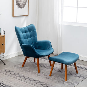 English Elm Leiria Wingback Velvet Tufted Accent Chair with Matching Ottoman Mid-century Lounge Blue T2574P164272