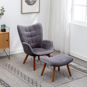 English Elm Leiria Wingback Velvet Tufted Accent Chair with Matching Ottoman Mid-century Lounge Gray T2574P164273