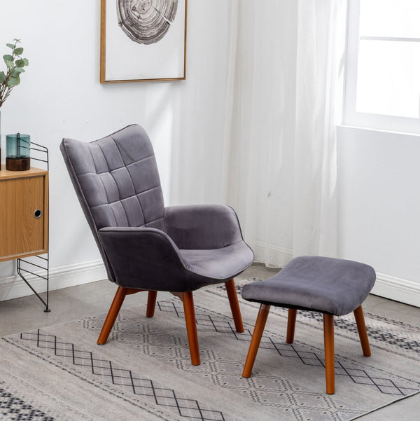 English Elm Leiria Wingback Velvet Tufted Accent Chair with Matching Ottoman Mid-century Lounge Gray T2574P164273
