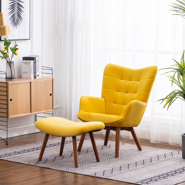 English Elm Leiria Wingback Velvet Tufted Accent Chair with Matching Ottoman Mid-century Lounge Yellow T2574P164275