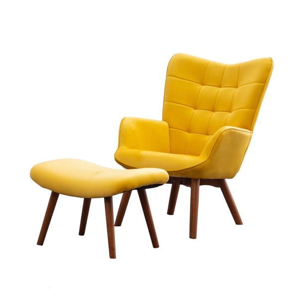 English Elm Leiria Wingback Velvet Tufted Accent Chair with Matching Ottoman Mid-century Lounge Yellow T2574P164275