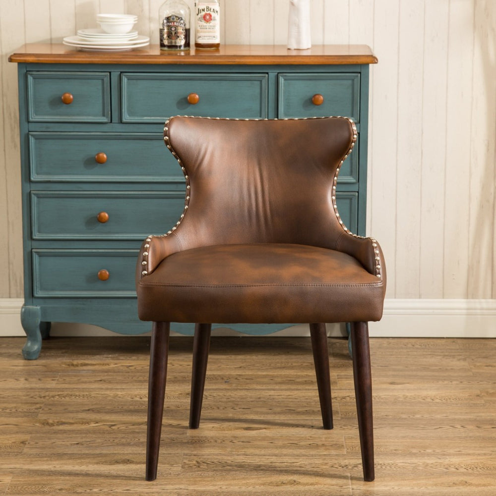 English Elm Viking Button Tufted Barrel Accent Chair Brass Nailhead Espresso Legs Brown Upholstered T2574P164502