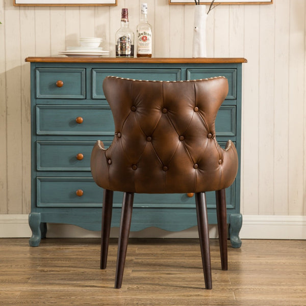 English Elm Viking Button Tufted Barrel Accent Chair Brass Nailhead Espresso Legs Brown Upholstered T2574P164502