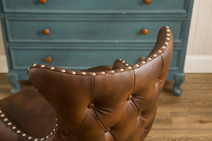 English Elm Viking Button Tufted Barrel Accent Chair Brass Nailhead Espresso Legs Brown Upholstered T2574P164502