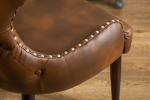 English Elm Viking Button Tufted Barrel Accent Chair Brass Nailhead Espresso Legs Brown Upholstered T2574P164502