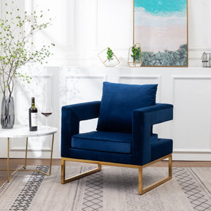 English Elm Lenola Glam Velvet Accent Chair with Gold Metal Frame and Pillow Back Armchair Blue T2574P164509
