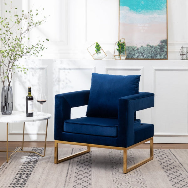 English Elm Lenola Glam Velvet Accent Chair with Gold Metal Frame and Pillow Back Armchair Blue T2574P164509