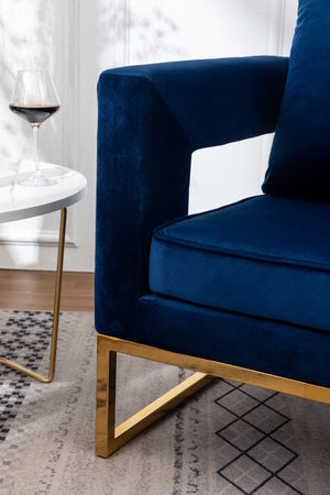 English Elm Lenola Glam Velvet Accent Chair with Gold Metal Frame and Pillow Back Armchair Blue T2574P164509