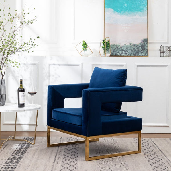 English Elm Lenola Glam Velvet Accent Chair with Gold Metal Frame and Pillow Back Armchair Blue T2574P164509