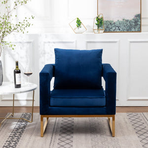 English Elm Lenola Glam Velvet Accent Chair with Gold Metal Frame and Pillow Back Armchair Blue T2574P164509