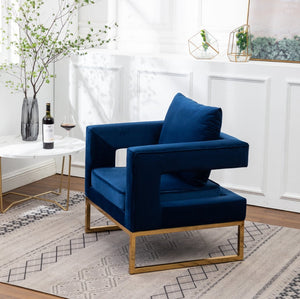 English Elm Lenola Glam Velvet Accent Chair with Gold Metal Frame and Pillow Back Armchair Blue T2574P164509