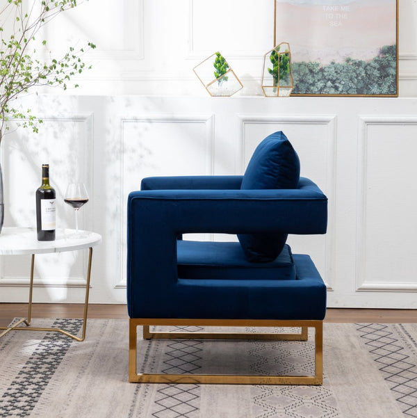 English Elm Lenola Glam Velvet Accent Chair with Gold Metal Frame and Pillow Back Armchair Blue T2574P164509