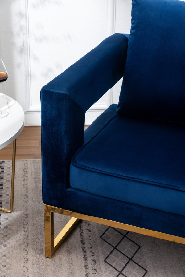 English Elm Lenola Glam Velvet Accent Chair with Gold Metal Frame and Pillow Back Armchair Blue T2574P164509