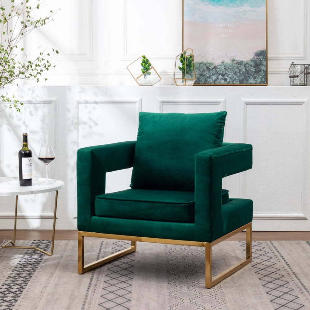 English Elm Lenola Glam Velvet Accent Chair with Gold Metal Frame and Pillow Back Armchair Green T2574P164510
