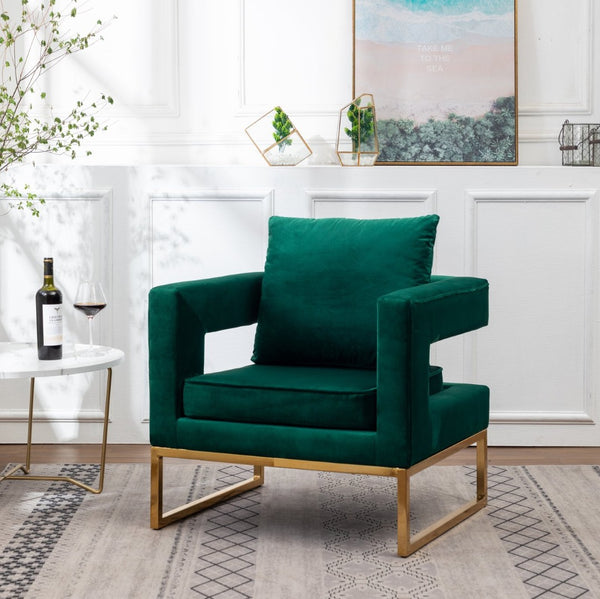 English Elm Lenola Glam Velvet Accent Chair with Gold Metal Frame and Pillow Back Armchair Green T2574P164510