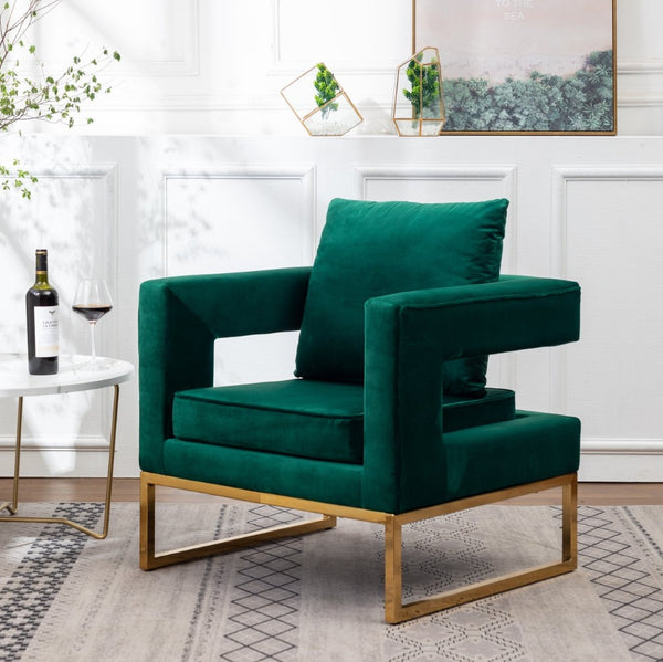 English Elm Lenola Glam Velvet Accent Chair with Gold Metal Frame and Pillow Back Armchair Green T2574P164510