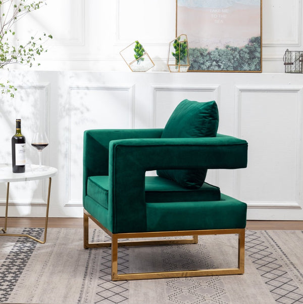 English Elm Lenola Glam Velvet Accent Chair with Gold Metal Frame and Pillow Back Armchair Green T2574P164510