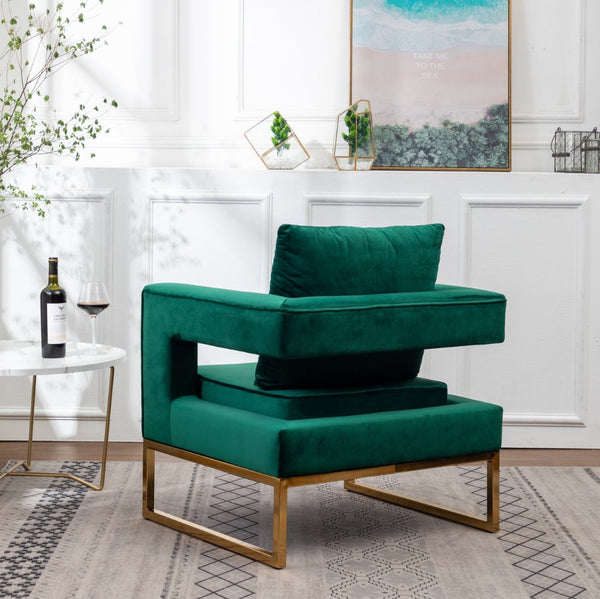 English Elm Lenola Glam Velvet Accent Chair with Gold Metal Frame and Pillow Back Armchair Green T2574P164510