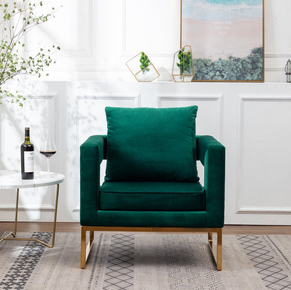 English Elm Lenola Glam Velvet Accent Chair with Gold Metal Frame and Pillow Back Armchair Green T2574P164510