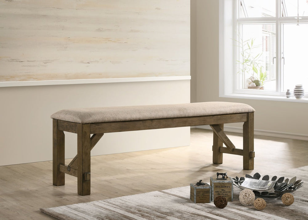 English Elm Raven Farmhouse Upholstered Bench Tan Fabric Rubberwood Legs Dining Entryway Seat T2574P164515