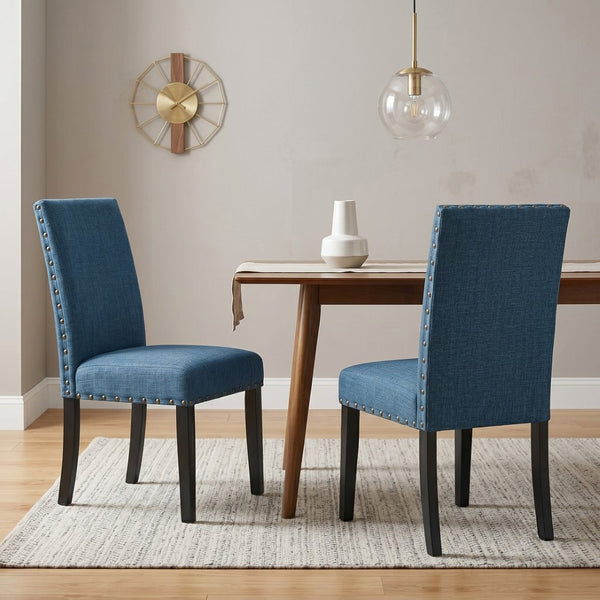 English Elm Biony Linen Cotton Upholstered Dining Chair with Brass Nailhead Trim Espresso Legs Blue T2574P164547