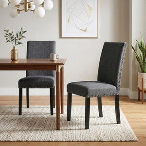 English Elm Biony Linen Cotton Upholstered Dining Chair with Brass Nailhead Trim Espresso Legs Gray T2574P164548