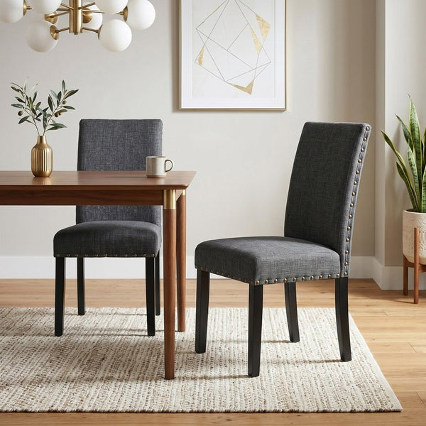 English Elm Biony Linen Cotton Upholstered Dining Chair with Brass Nailhead Trim Espresso Legs Gray T2574P164548