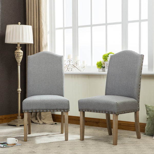 English Elm Mod Parsons Dining Chairs Solid Oak Brass Nailhead Linen Upholstered Set of 2 T2574P164550