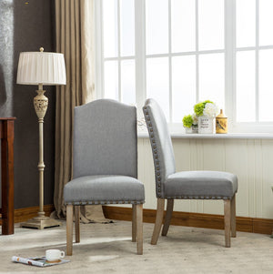English Elm Mod Parsons Dining Chairs Solid Oak Brass Nailhead Linen Upholstered Set of 2 T2574P164550