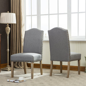 English Elm Mod Parsons Dining Chairs Solid Oak Brass Nailhead Linen Upholstered Set of 2 T2574P164550