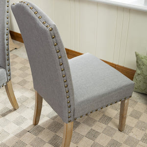 English Elm Mod Parsons Dining Chairs Solid Oak Brass Nailhead Linen Upholstered Set of 2 T2574P164550