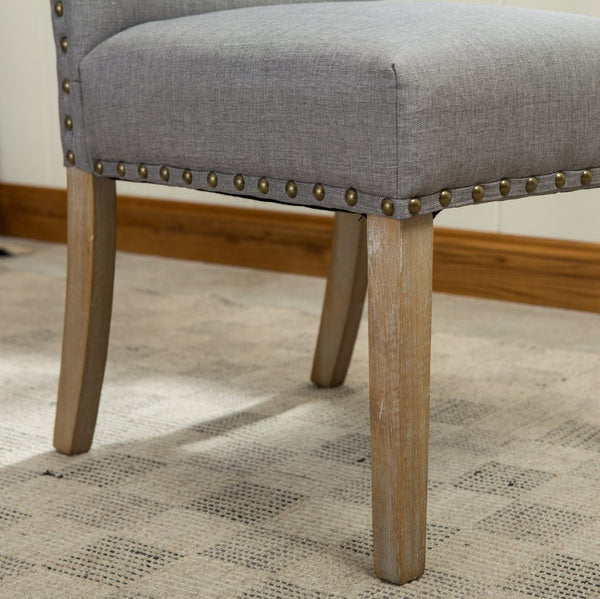 English Elm Mod Parsons Dining Chairs Solid Oak Brass Nailhead Linen Upholstered Set of 2 T2574P164550