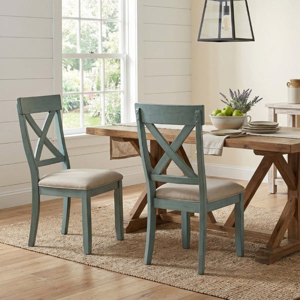 English Elm Prato Cross Back Rubberwood Dining Chairs Farmhouse Upholstered Seat Set of 2 Blue T2574P164552