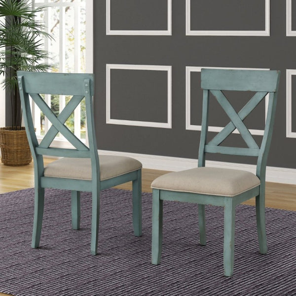 English Elm Prato Cross Back Rubberwood Dining Chairs Farmhouse Upholstered Seat Set of 2 Blue T2574P164552