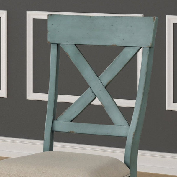 English Elm Prato Cross Back Rubberwood Dining Chairs Farmhouse Upholstered Seat Set of 2 Blue T2574P164552