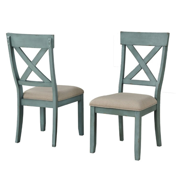 English Elm Prato Cross Back Rubberwood Dining Chairs Farmhouse Upholstered Seat Set of 2 Blue T2574P164552