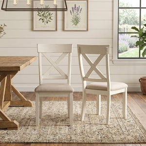 English Elm Prato Cross Back Rubberwood Dining Chairs Farmhouse Upholstered Seat Set of 2 White T2574P164556