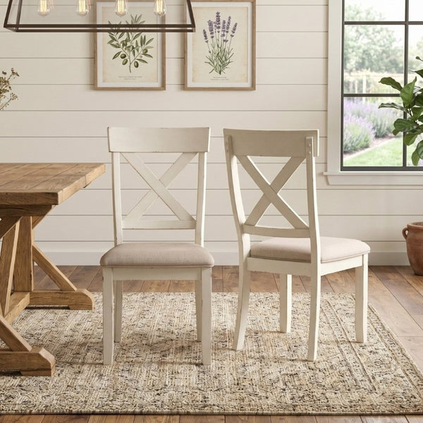 English Elm Prato Cross Back Rubberwood Dining Chairs Farmhouse Upholstered Seat Set of 2 White T2574P164556