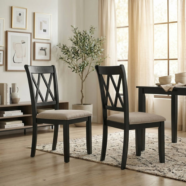 English Elm Windvale Cross-back Rubberwood Dining Chairs with Linen Seat Cushions Set of 2 T2574P164561