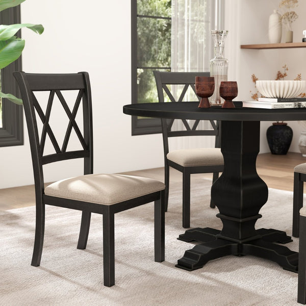 English Elm Windvale Cross-back Rubberwood Dining Chairs with Linen Seat Cushions Set of 2 T2574P164561