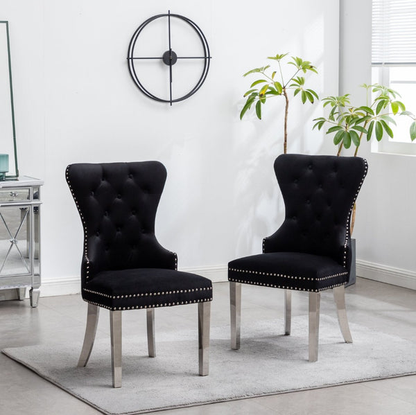 English Elm Montura Button Tufted Velvet Accent Chairs with Nailhead Trim Set of Two Black T2574P164573