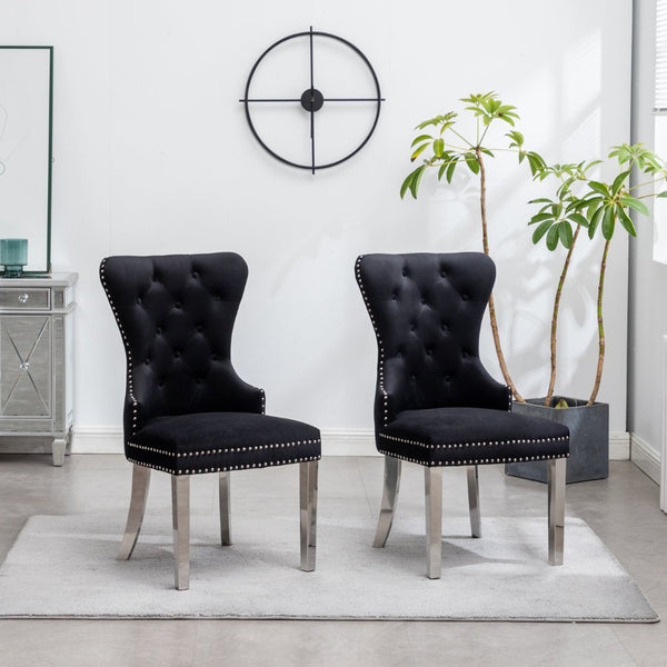 English Elm Montura Button Tufted Velvet Accent Chairs with Nailhead Trim Set of Two Black T2574P164573