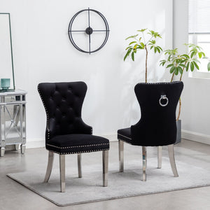 English Elm Montura Button Tufted Velvet Accent Chairs with Nailhead Trim Set of Two Black T2574P164573