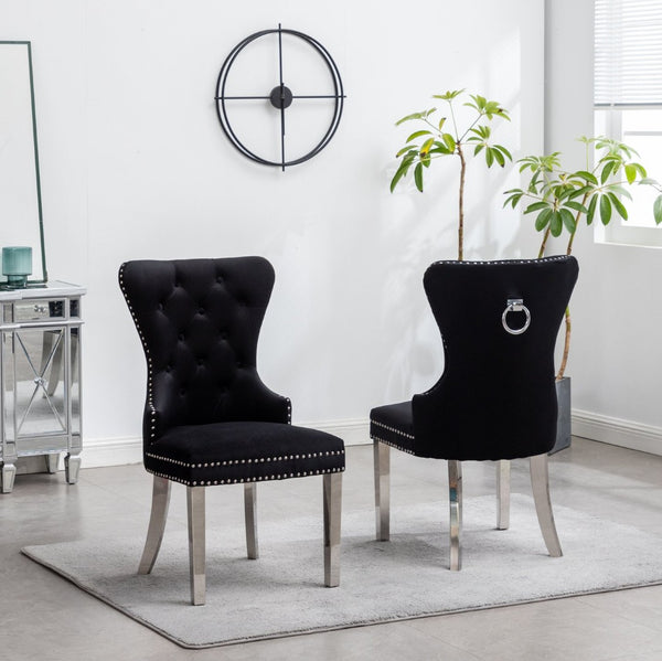 English Elm Montura Button Tufted Velvet Accent Chairs with Nailhead Trim Set of Two Black T2574P164573