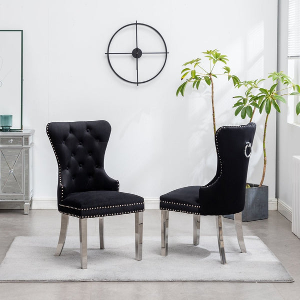 English Elm Montura Button Tufted Velvet Accent Chairs with Nailhead Trim Set of Two Black T2574P164573