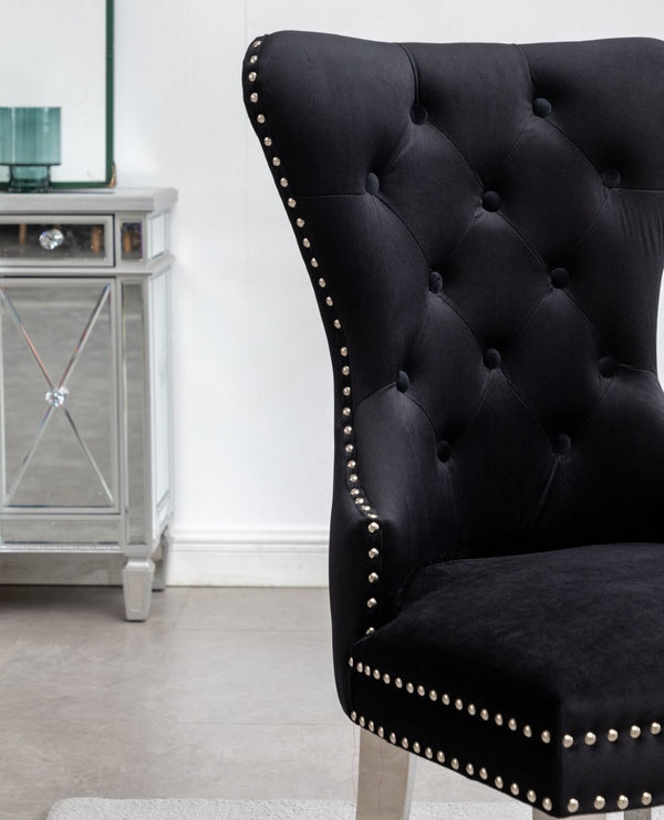 English Elm Montura Button Tufted Velvet Accent Chairs with Nailhead Trim Set of Two Black T2574P164573